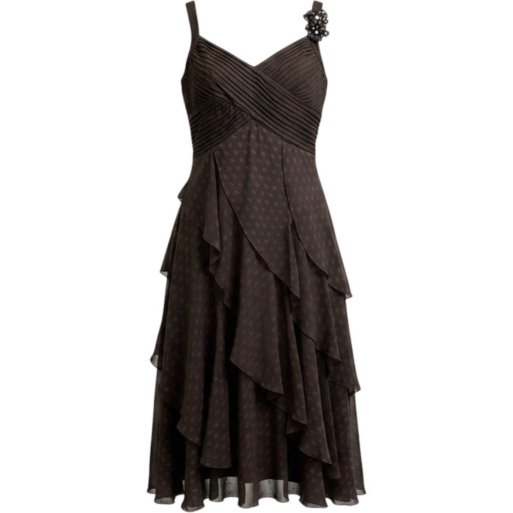 Signature by Robbie Bee Brown Ruffle Tiered Cocktail Dress Floral Sequin Size 14